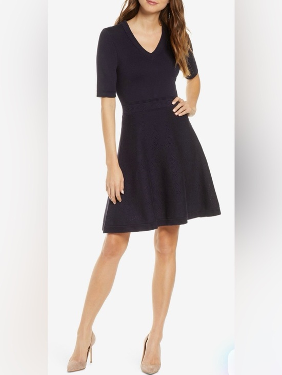 Eliza J Dresses & Skirts - Eliza J Classic Navy V-Neck A-Line Fit-and-Flare  Knit Sweater Dress